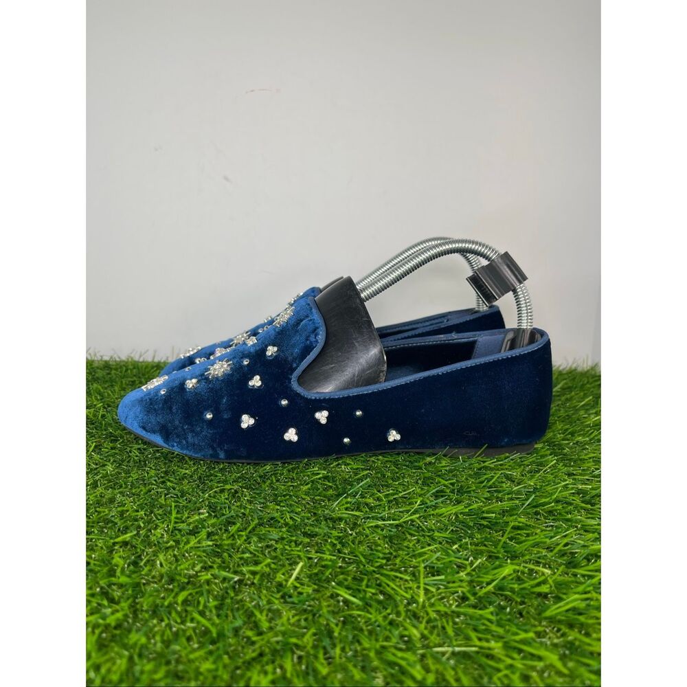 Birdies Velvet Embellished Loafers Navy Blue Crystal Star Flats Women’s Size 8
